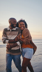 Happy, black couple, love and beach with smile for vacation in relationship together in the...