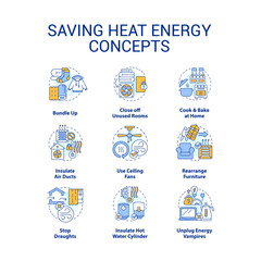 Saving heat energy concept icons set. Warming freezing house at fall weather idea thin line color illustrations. Isolated symbols. Editable stroke. Roboto-Medium, Myriad Pro-Bold fonts used