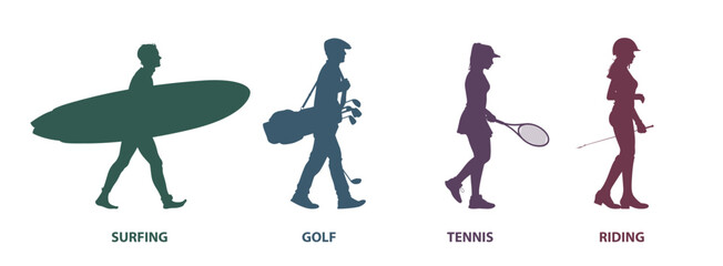 Set of silhouette. Sports for rich people. Profile walking sport players. Vector illustration