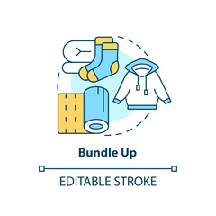 Bundle up concept icon. Keep warm during cold weather. Reduce heat consume tip abstract idea thin line illustration. Isolated outline drawing. Editable stroke. Arial, Myriad Pro-Bold fonts used