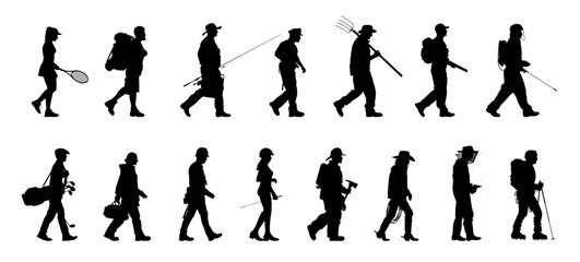 Set of silhouette. Black people on white background. Profile walking men and women. Vector illustration
