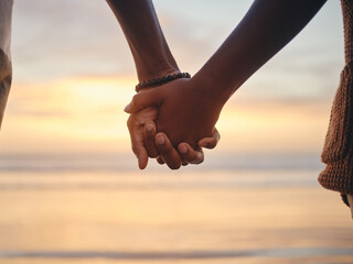Trust, love and holding hands with couple by the beach together for support, happy and relax on Miami summer vacation. Sunset, vision and nature with black man and woman on peace holiday