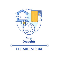 Stop draughts concept icon. Improve house insulation. Keeping heat in home tip abstract idea thin line illustration. Isolated outline drawing. Editable stroke. Arial, Myriad Pro-Bold fonts used - obrazy, fototapety, plakaty