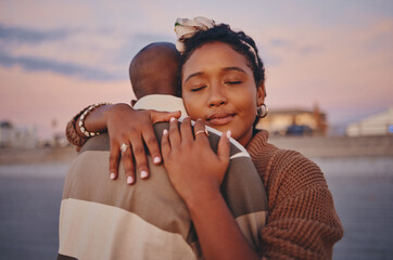 Love, peace and calm black couple hug while relax on outdoor date for freedom, bonding and enjoy...