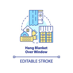 Hang blanket over window concept icon. Reduce house heat loss. Draught proofing abstract idea thin line illustration. Isolated outline drawing. Editable stroke. Arial, Myriad Pro-Bold fonts used