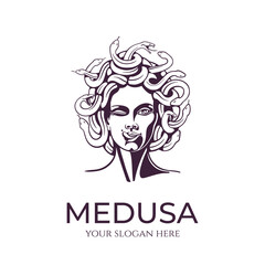Medusa gorgon logo. Head of a woman with snakes. Protective amulet. Logo for different directions. Vector image.