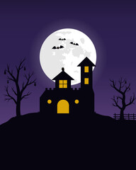Fototapeta na wymiar Halloween night background with haunted house and full moon. template for Halloween party. Vector illustration.