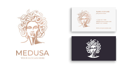 Medusa gorgon logo. Head of a woman with snakes. Protective amulet. Logo for different directions. Vector image.