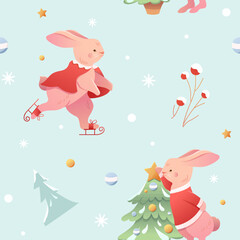 Winter holiday pattern with rabbits on a blue. Children background. Bunny decorating christmas tree. Merry Christmas and Happy New Year. Rabbit skates on the ice.