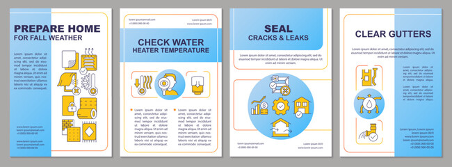 Prepare home for heating season blue brochure template. Warm house. Leaflet design with linear icons. Editable 4 vector layouts for presentation, annual reports. Arial, Myriad Pro-Regular fonts used