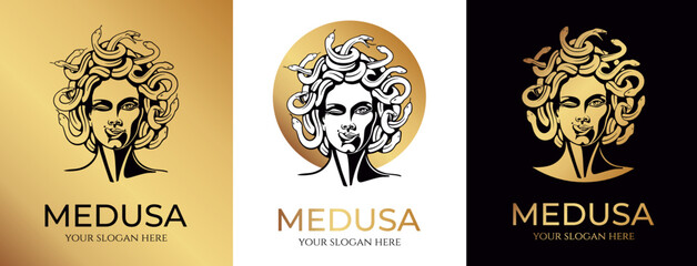 Medusa gorgon logo. Head of a woman with snakes. Protective amulet. Logo for different directions. Vector image.