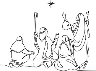 Merry Christmas shepherd and sheeps. Continuous one line drawing. Vector illustration