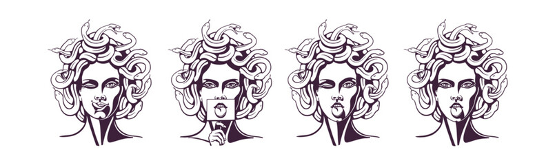 Medusa gorgon logo. Head of a woman with snakes. Protective amulet. Logo for different directions. Vector image.