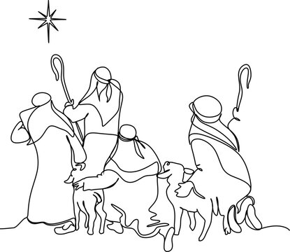 Merry Christmas shepherd and sheeps. Continuous one line drawing. Vector illustration