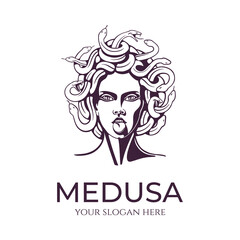 Medusa gorgon logo. Head of a woman with snakes. Protective amulet. Logo for different directions. Vector image.