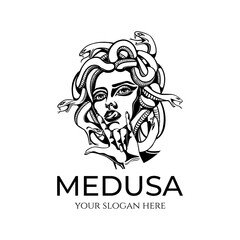 Medusa gorgon logo. Head of a woman with snakes. Protective amulet. Logo for different directions. Vector image.