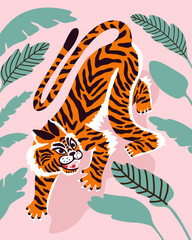 Vector background with abstract tiger in jungle. Indian oriental style. Flat hand drawn for t shirt print, logo, poster template, tattoo idea. Endangered animal. - obrazy, fototapety, plakaty