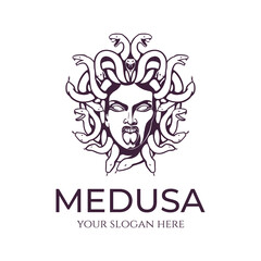 Medusa gorgon logo. Head of a woman with snakes. Protective amulet. Logo for different directions. Vector image.