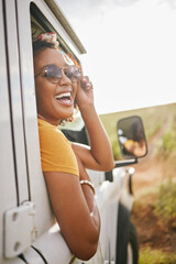 Countryside, travel and road trip black woman with sunglasses and portrait for journey, transport...