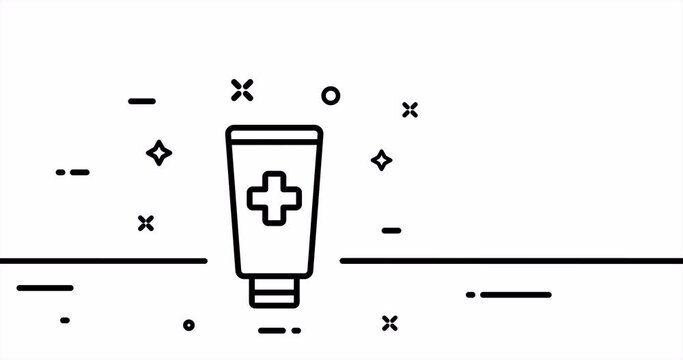 Toothpaste. Hand cream, massage, mask, ointment, shaving gel, red cross tube. Health care concept. One line drawing animation. Motion design. Animated technology logo. Video 4K