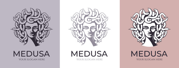 Medusa gorgon logo. Head of a woman with snakes. Protective amulet. Logo for different directions. Vector image.