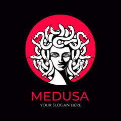 Medusa gorgon logo. Head of a woman with snakes. Protective amulet. Logo for different directions. Vector image.
