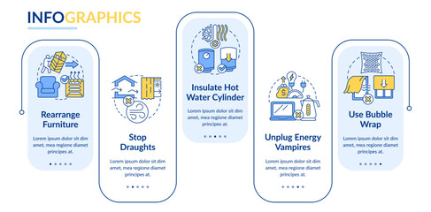 Reduce home heat loss rectangle infographic template. Save energy. Data visualization with 5 steps. Editable timeline info chart. Workflow layout with line icons. Lato Bold, Regular fonts used