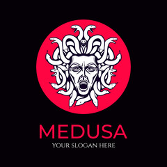 Medusa gorgon logo. Head of a woman with snakes. Protective amulet. Logo for different directions. Vector image.