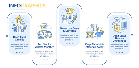 Winter fire protection rules rectangle infographic template. Precautions. Data visualization with 5 steps. Editable timeline info chart. Workflow layout with line icons. Lato Bold, Regular fonts used © bsd studio