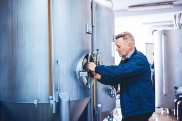 Man working with brewery equipment producing craft beer
