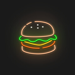 Neon burger sign. Glowing burger emblem isolated on dark brick wall background . Concept fast food logo. Vector illustration.