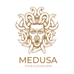 Medusa gorgon logo. Head of a woman with snakes. Protective amulet. Logo for different directions. Vector image.