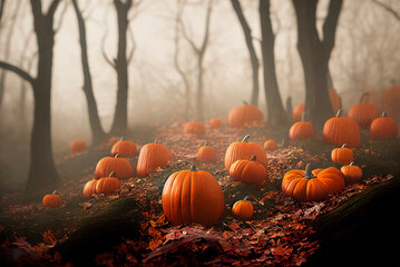 Thanksgiving and halloween pumpkins in autumn forest. Fall season landscape with bare trees, maple...