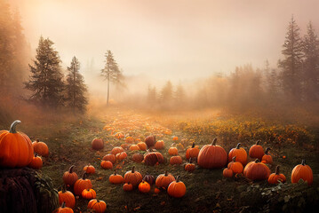 Thanksgiving and halloween pumpkins in autumn forest. Fall season landscape with pumpkin field....