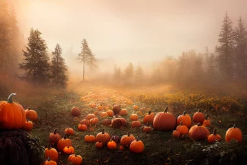 Deurstickers Thanksgiving and halloween pumpkins in autumn forest. Fall season landscape with pumpkin field. Festive holiday greeting card wallpaper. Dark magic wood november scene. © hitdelight