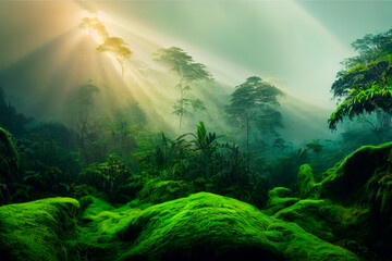 Misty jungle rainforest in the morning. Tropical forest with sun rays and fog. Nature landscape wallpaper background. - 536277486