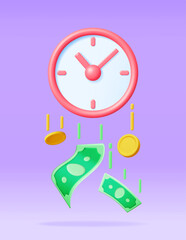 3D Clock with Dollar Banknotes and Coins Isolated. Render Time is Money Concept Annual Revenue, Financial Investment, Savings, Bank Deposit, Future Income, Money Benefit. Vector Illustration