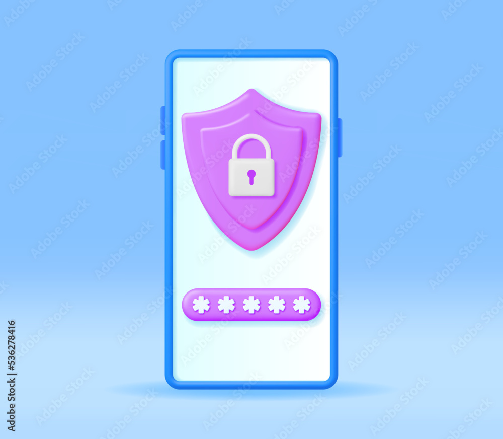 Poster 3d mobile phone with shield lock on the screen. render smartphone with padlock. concept of mobile se