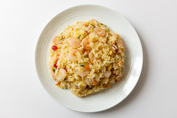Shrimp fried rice on white background