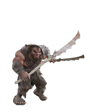 Fantasy giant Jotunn from Norse mythology wielding a glaive weapon in each hand. 3D rendering isolated.