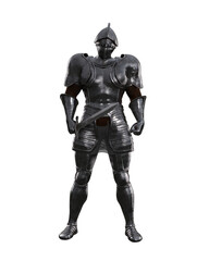 Medieval knight in full metal armour with a sword. 3D illustration isolated.