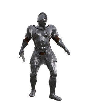Medieval knight in full body armour walking with sword ready for battle. 3D rendering isolated.