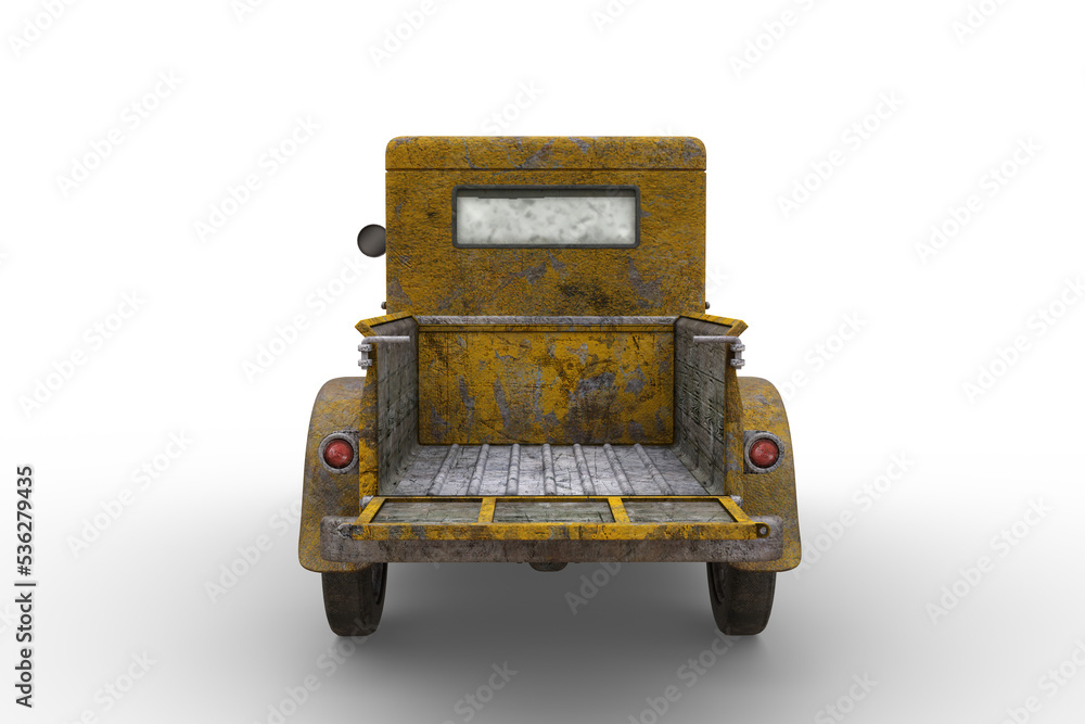 Poster back view of rusty old yellow vintage farm pickup truck with peeling paintwork. 3d rendering isolate