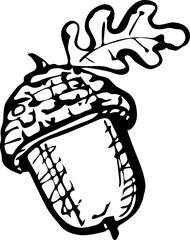 Hand drawn black and white acorn with leaf. PNG illustration © Marianna S.