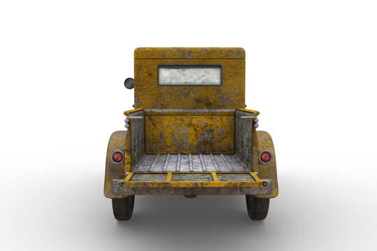 Back view of rusty old yellow vintage farm pickup truck with peeling paintwork. 3D rendering isolated.