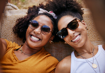 Woman, relax and friends smile for selfie together in happiness with glasses for joyful friendship....