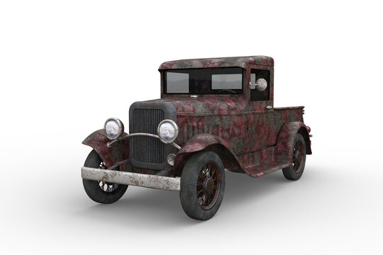 Rusty old vintage pickup truck with peeling red paintwork. 3D rendering isolated.