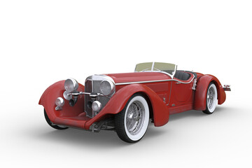 1920s vintage concept convertible roadster sports car with red paintwork and whitewall tyres. 3D rendering isolated on white.