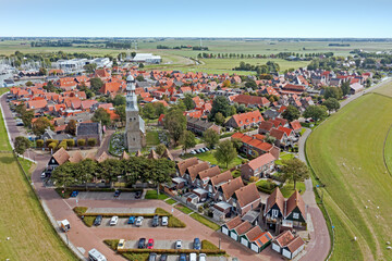 Aerial from the traditional village Hindeloopen at the IJsselmeer in the Netherlands