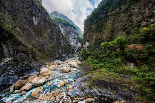 Beautiful turquoise waters and river rocks at Taroko Gorge National Park